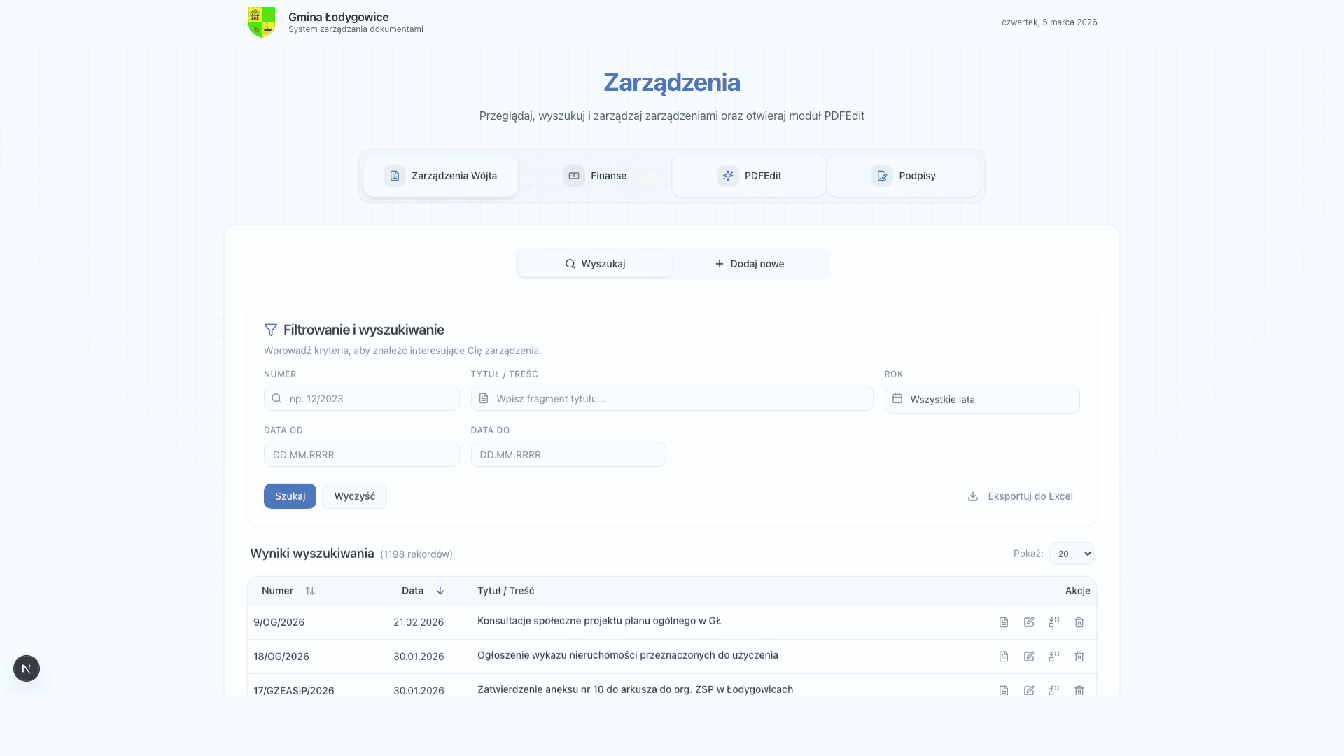 Centralizacja zarządzeń - widok desktop