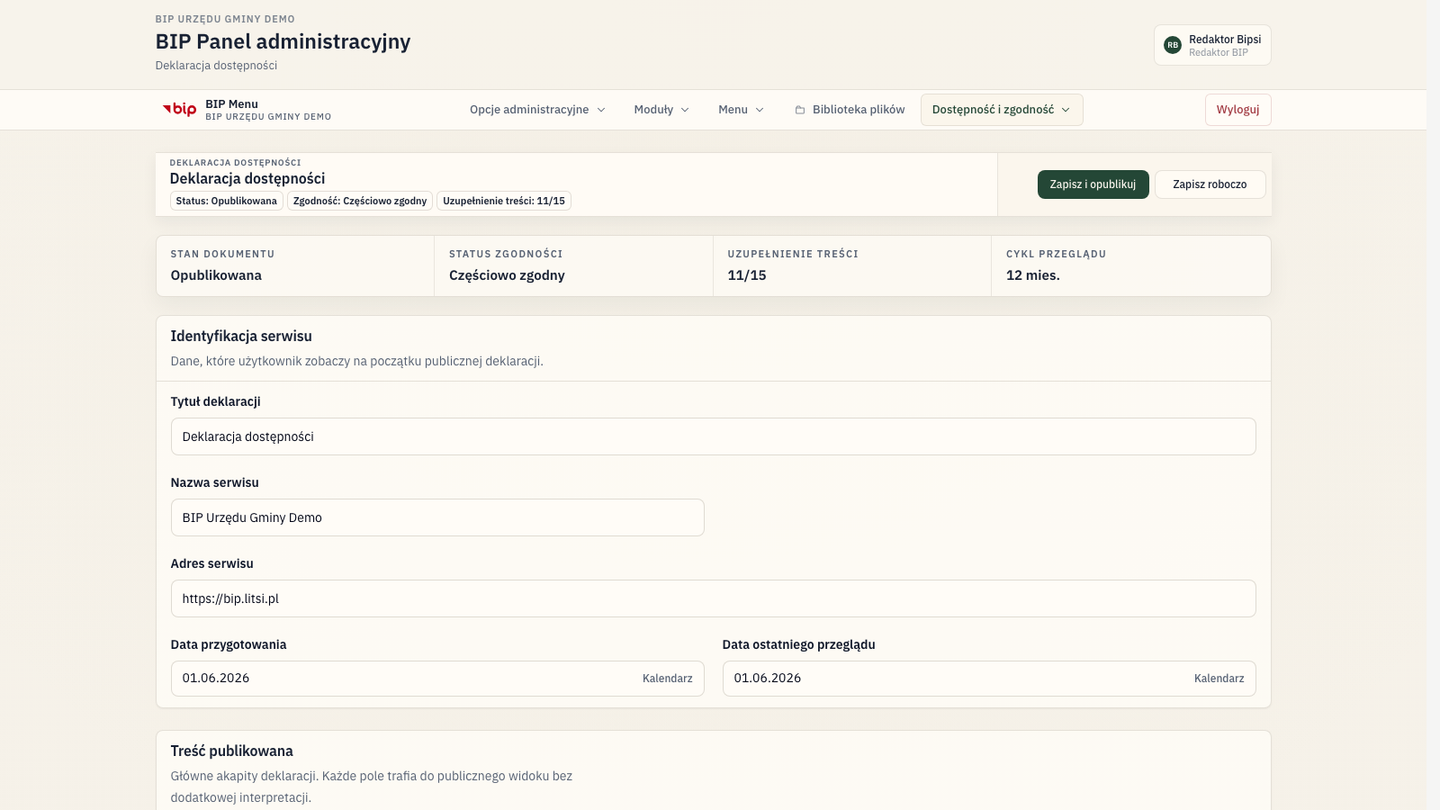 Publiczny panel dostępności portalu zarządzanego przez Bipsi CMS