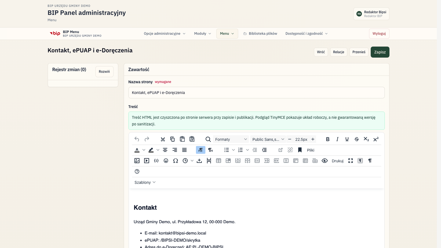 Edytor Bipsi CMS do tworzenia nowej strony z treścią HTML
