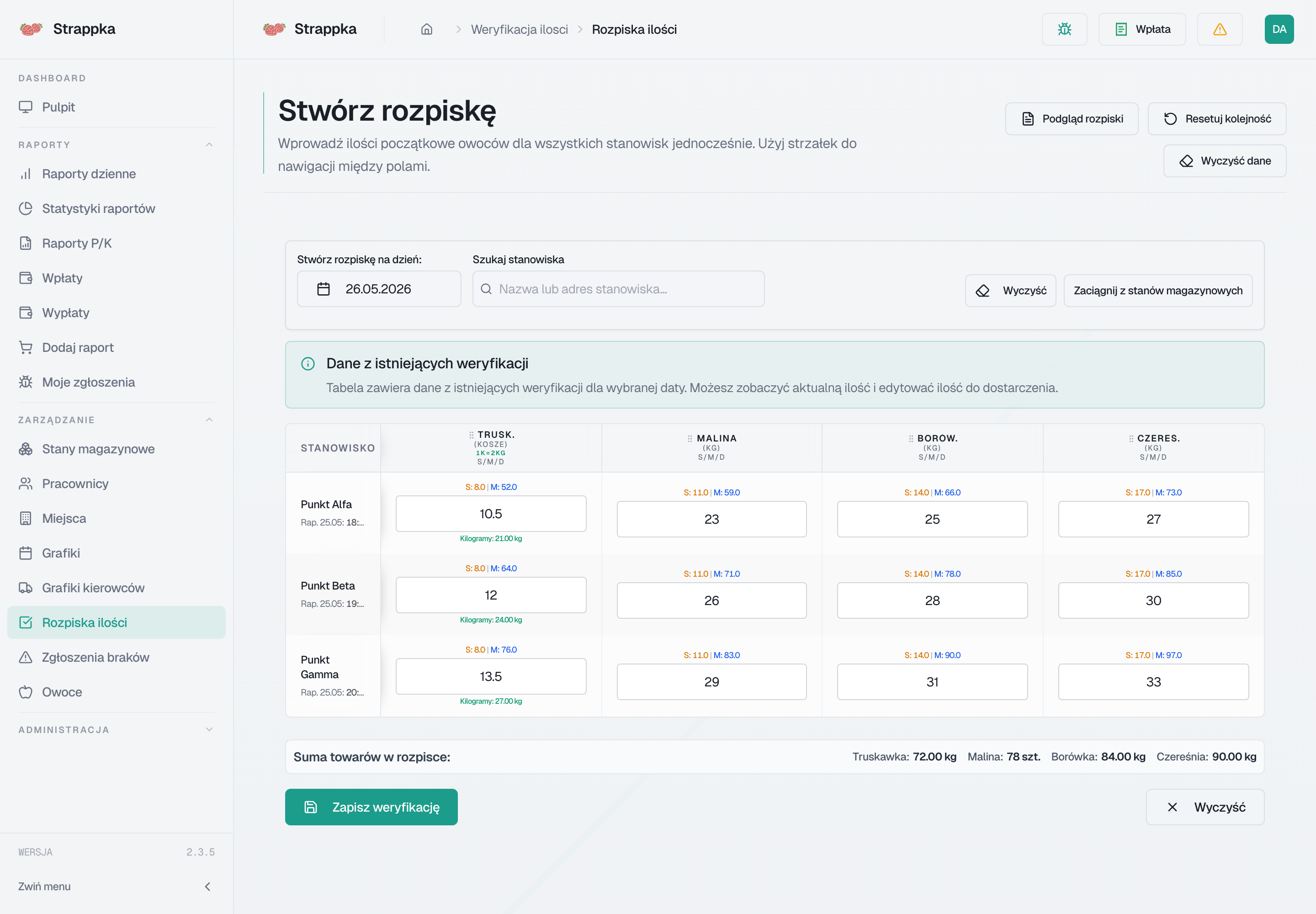 Strappka - widok rozpiski ilości z podziałem na miejsca i produkty